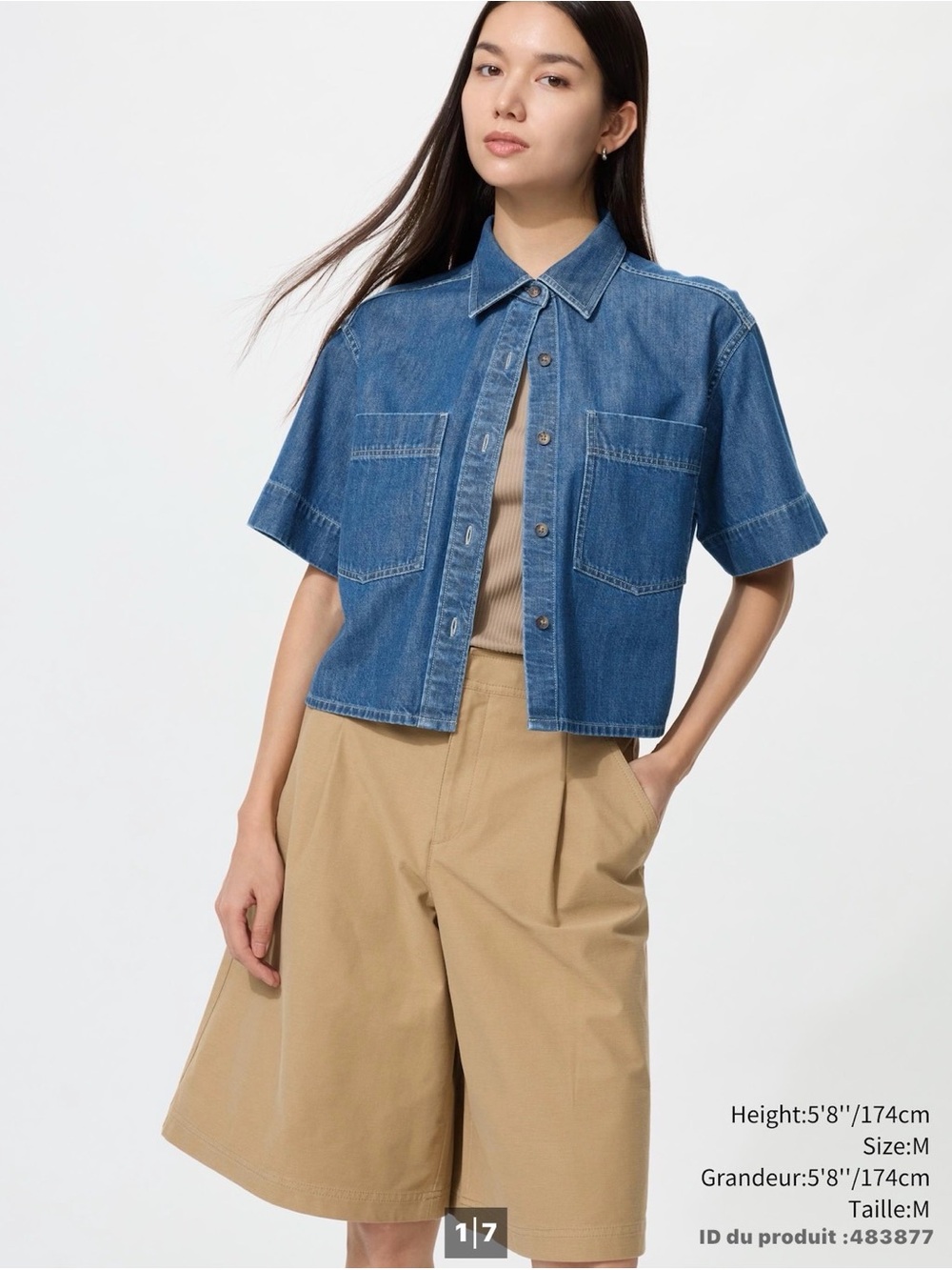 Uniqlo Short-Sleeve Cropped Denim Button-Down Shirt NWOT